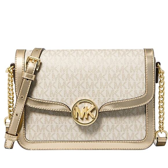 Michael Kors Leida Medium Shoulder Bag Metallic Gold Logo - Picture 1 of 6